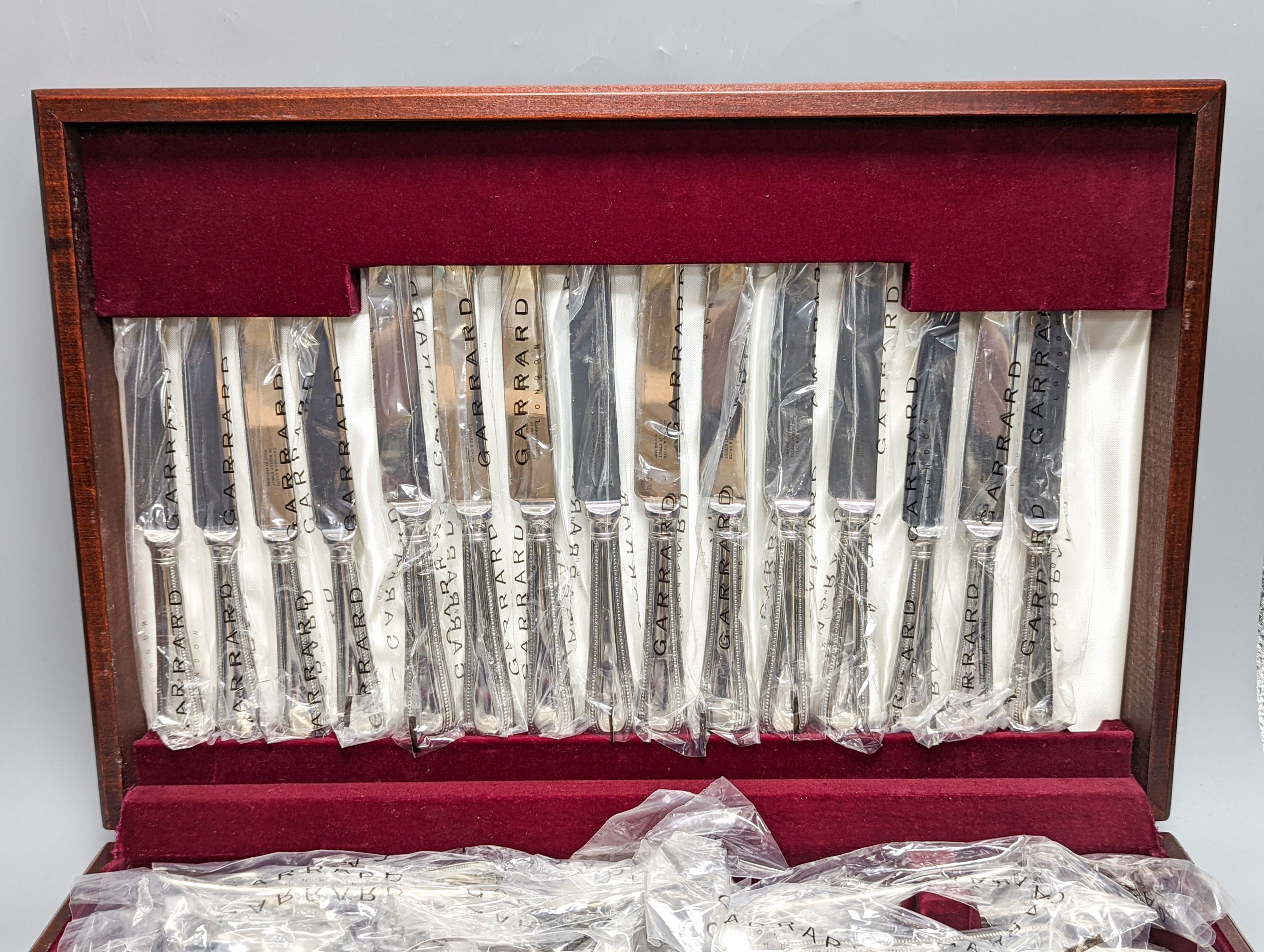 Garrard mahogany cased canteen silver plated cutlery